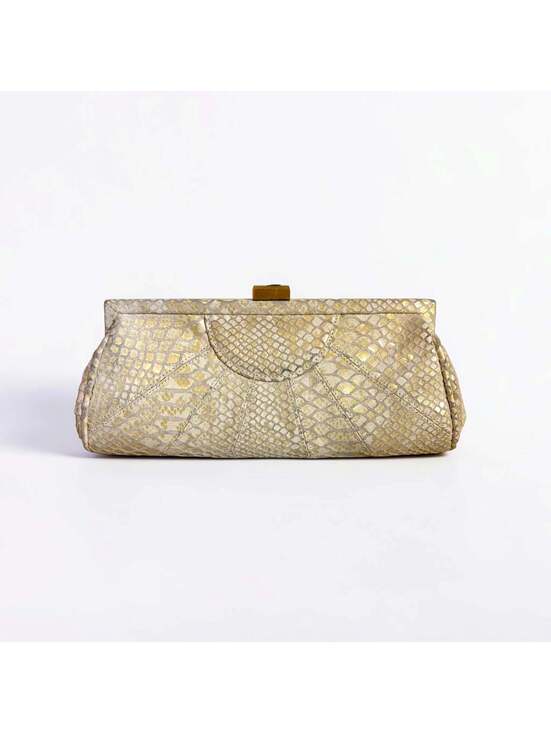 Other - Inge Christopher Champagne Metallic Snakeskin Leather Frame Clutch Evening Bag